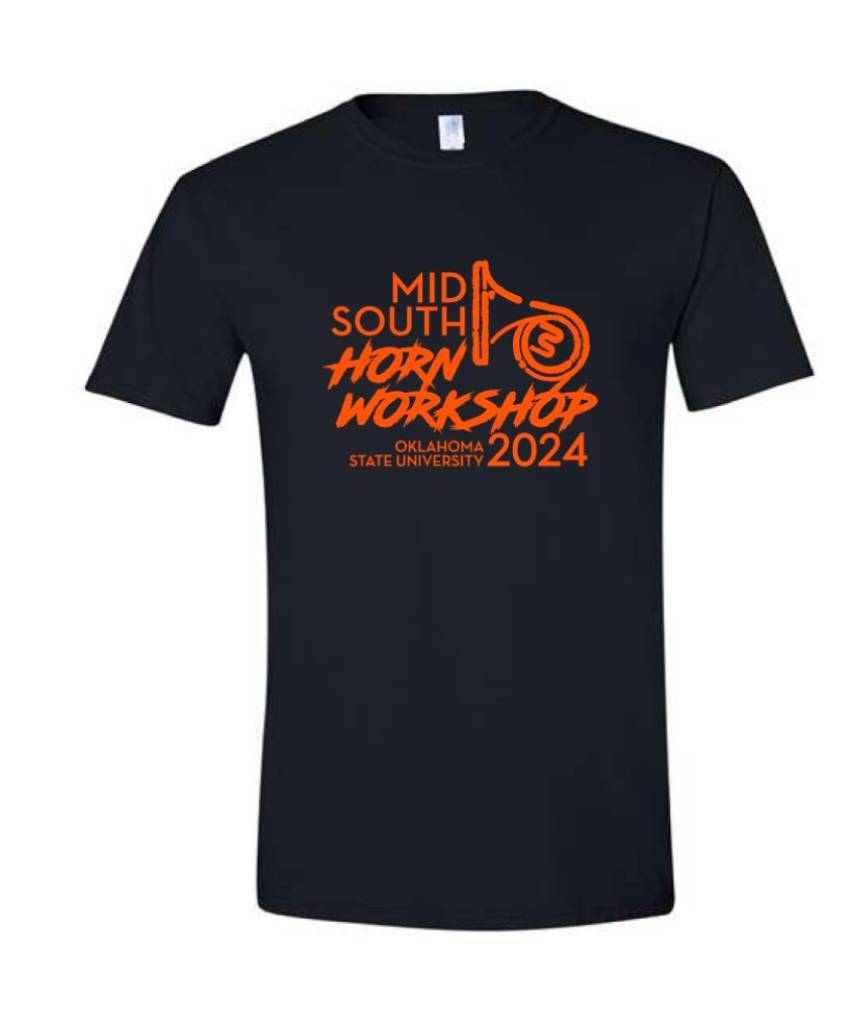 The official shirt for MSHW 2024. It is a black t-shirt with the MSHW 2024 logo printed on it in orange.