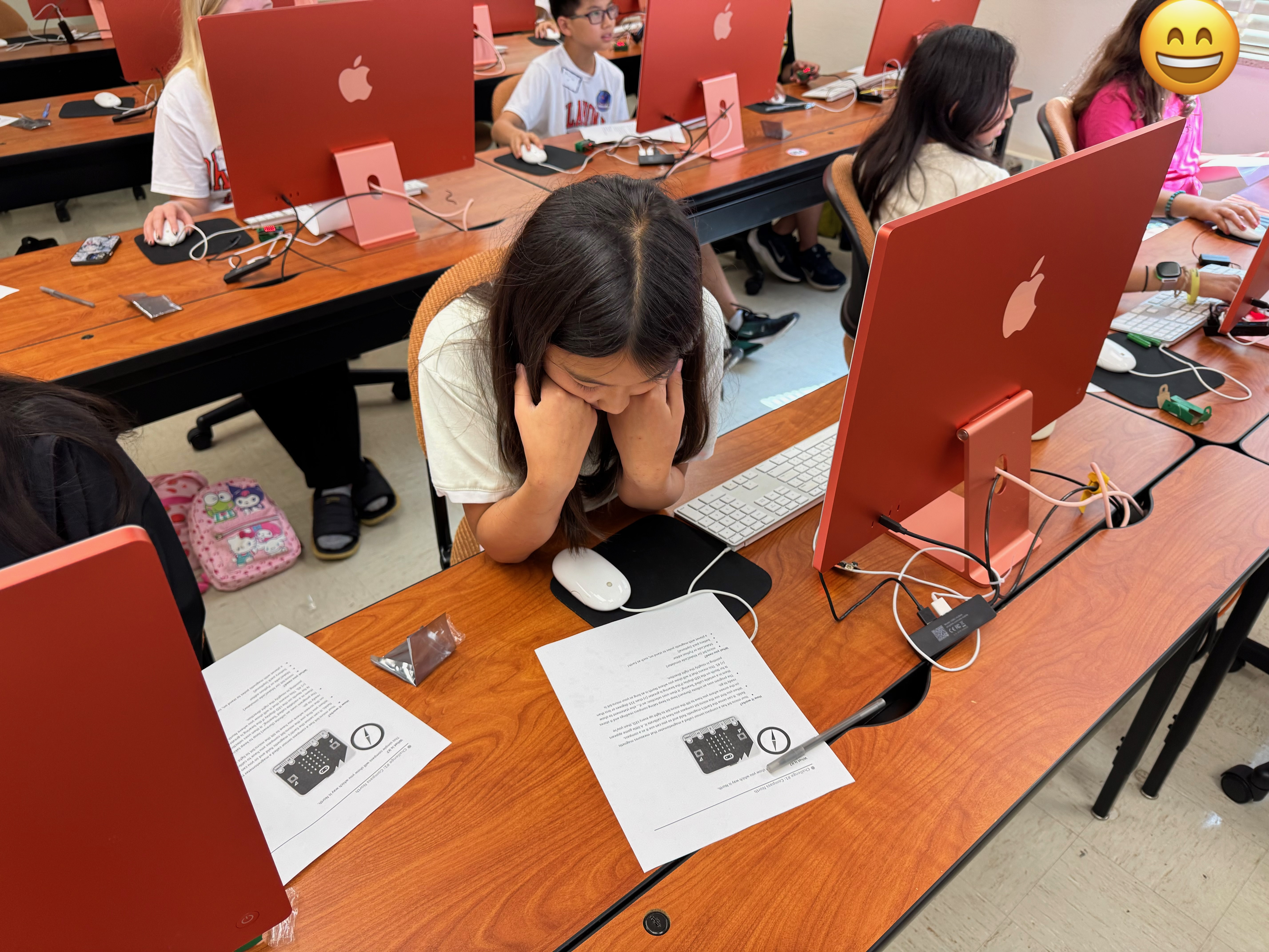 Student working at desktop computers in a computer lab during class.