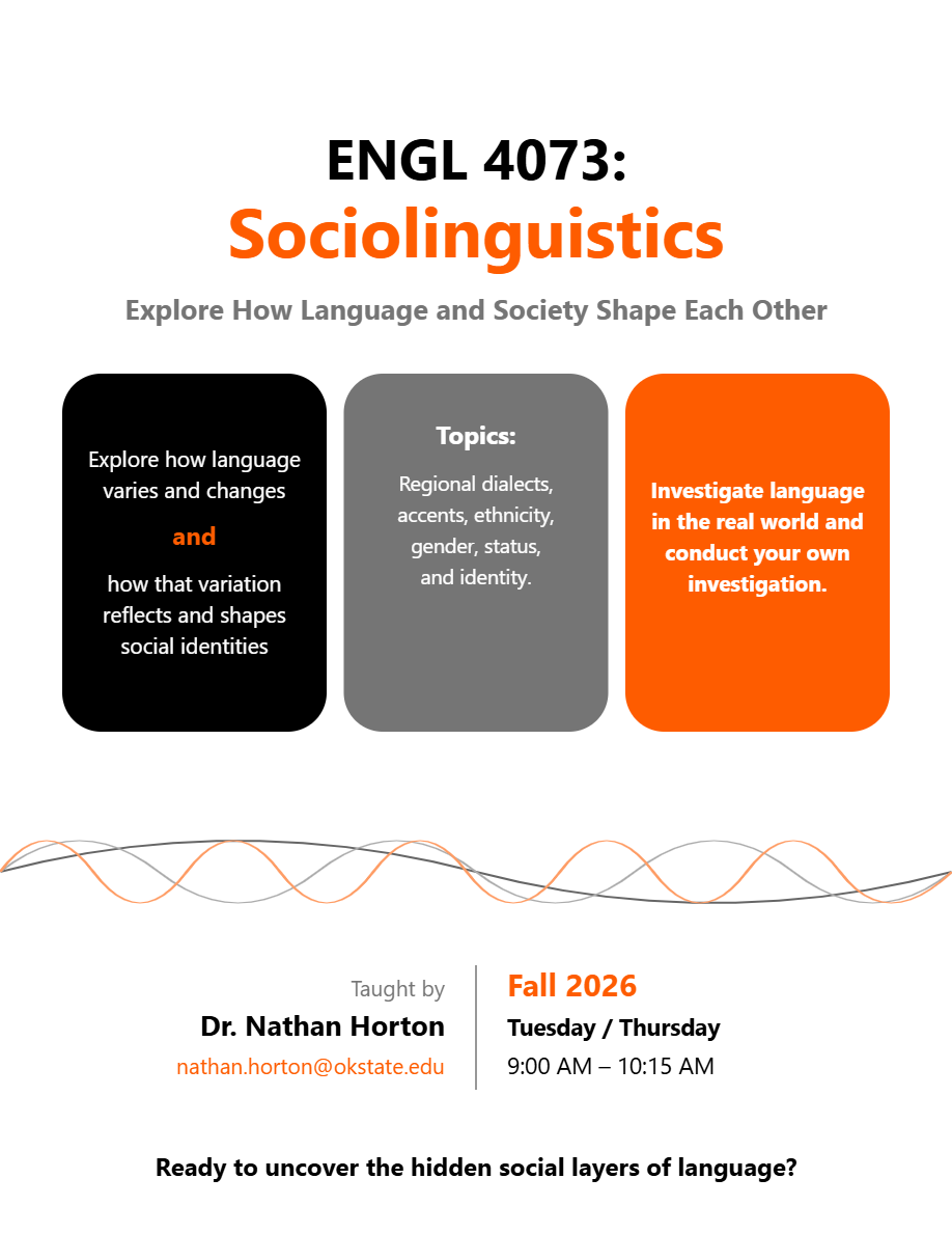 ENGL 4073 Sociolinguistics course flyer. Topics include language variation, dialects, accents, ethnicity, gender, status, and identity. Taught by Dr. Nathan Horton. Fall 2026, Tuesdays and Thursdays, 9:00–10:15 AM.
