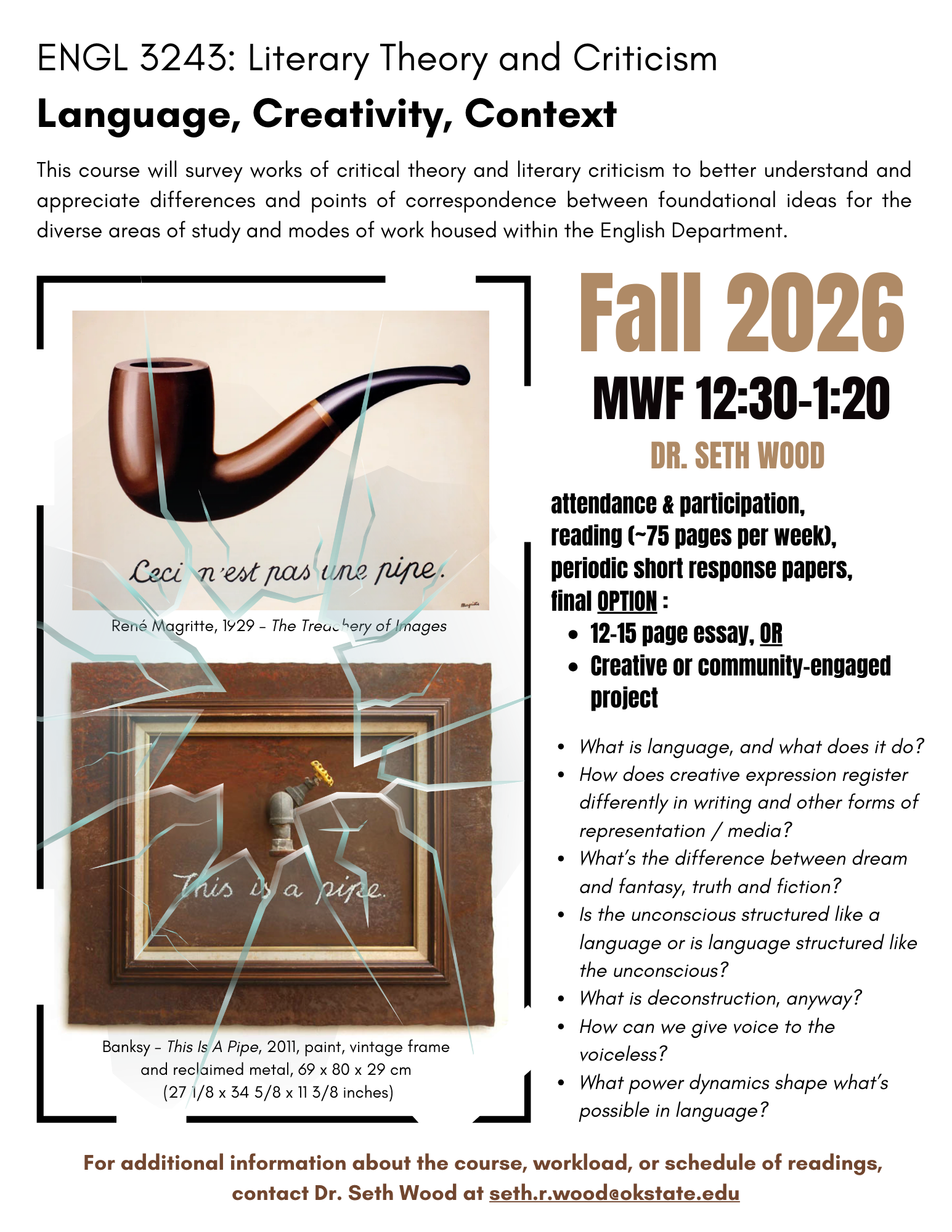 Poster for ENGL 3243 Literary Theory and Criticism, Fall 2026, with artwork by René Magritte and Banksy.
