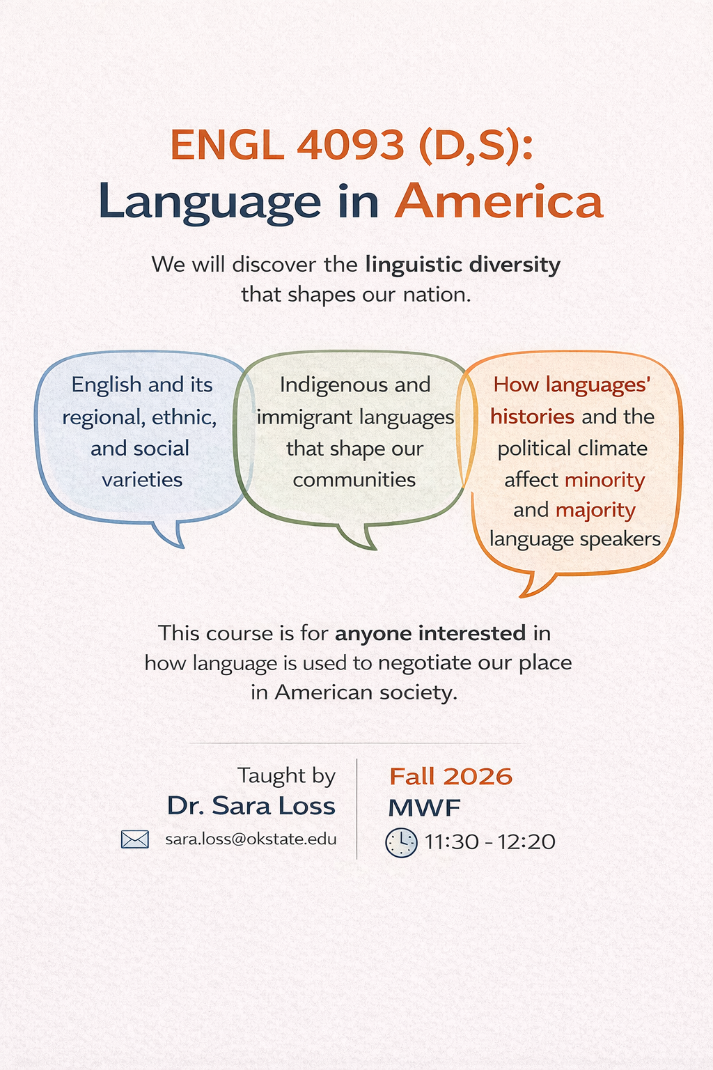 Course poster for ENGL 4093: Language in America, detailing the topics covered and course logistics for Fall 2026.