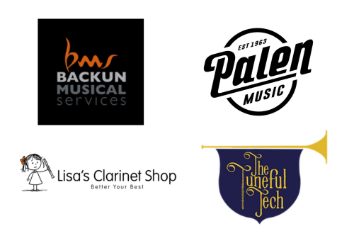 Logos of Backun Musical Services, Palen Music, Lisa’s Clarinet Shop, and The Tuneful Tech.