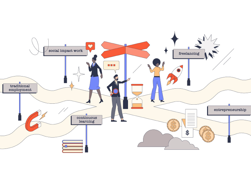 Career crossroads with 3 people standing in the middle trying to figure out which way to go for their careers Career crossroads with 3 people standing in the middle trying to figure out which way to go for their careers