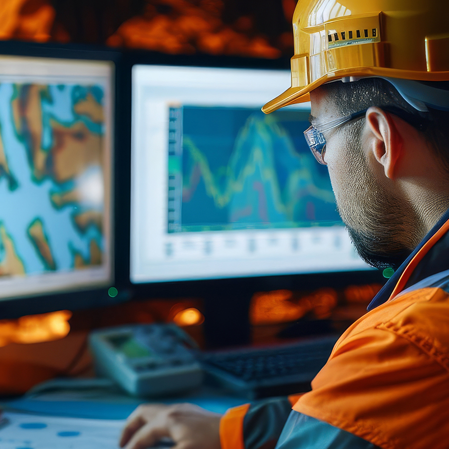 Geophysicist at computer looking at earth models