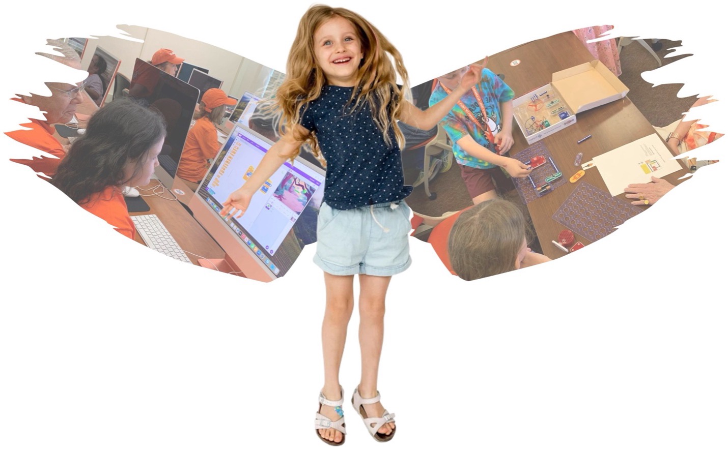 header.jpg Child with arms slightly raised in front of a blended background showing children using computers on the left and engaging in hands-on activities on the right
