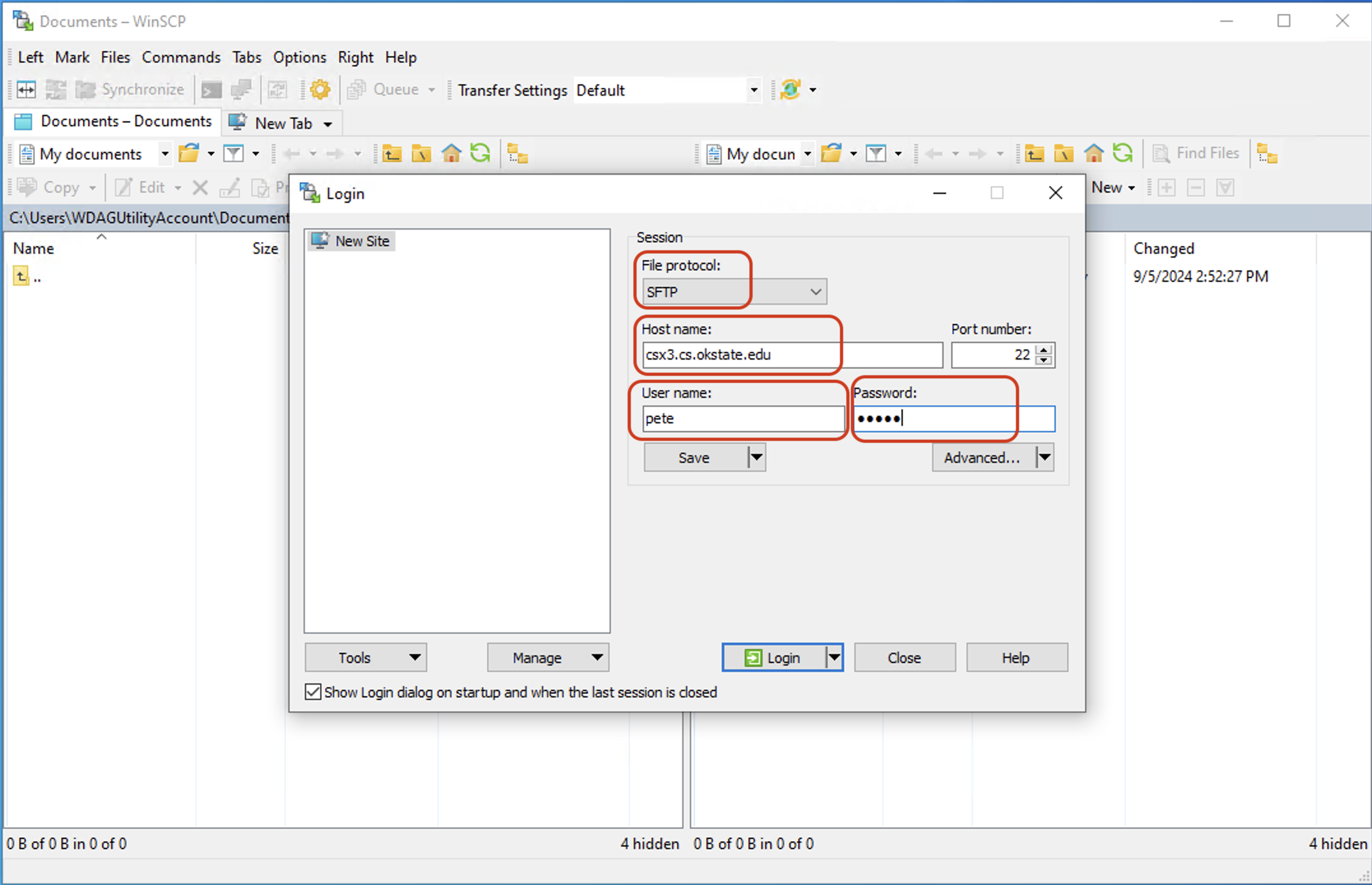 Screenshot of the WinSCP login dialog box with fields for File protocol (SFTP), Host name (dcx3.cs.dstate.edu), Port number (22), Username (pete), and a masked Password. Buttons for