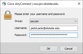 Cisco AnyConnect login window for VPN server