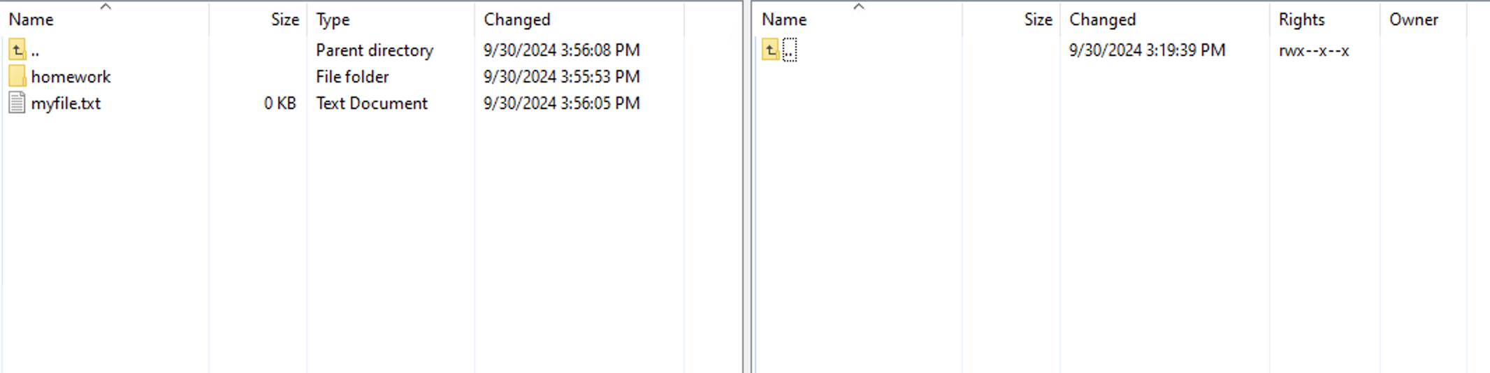File directory window with two panels. The left panel lists a folder named