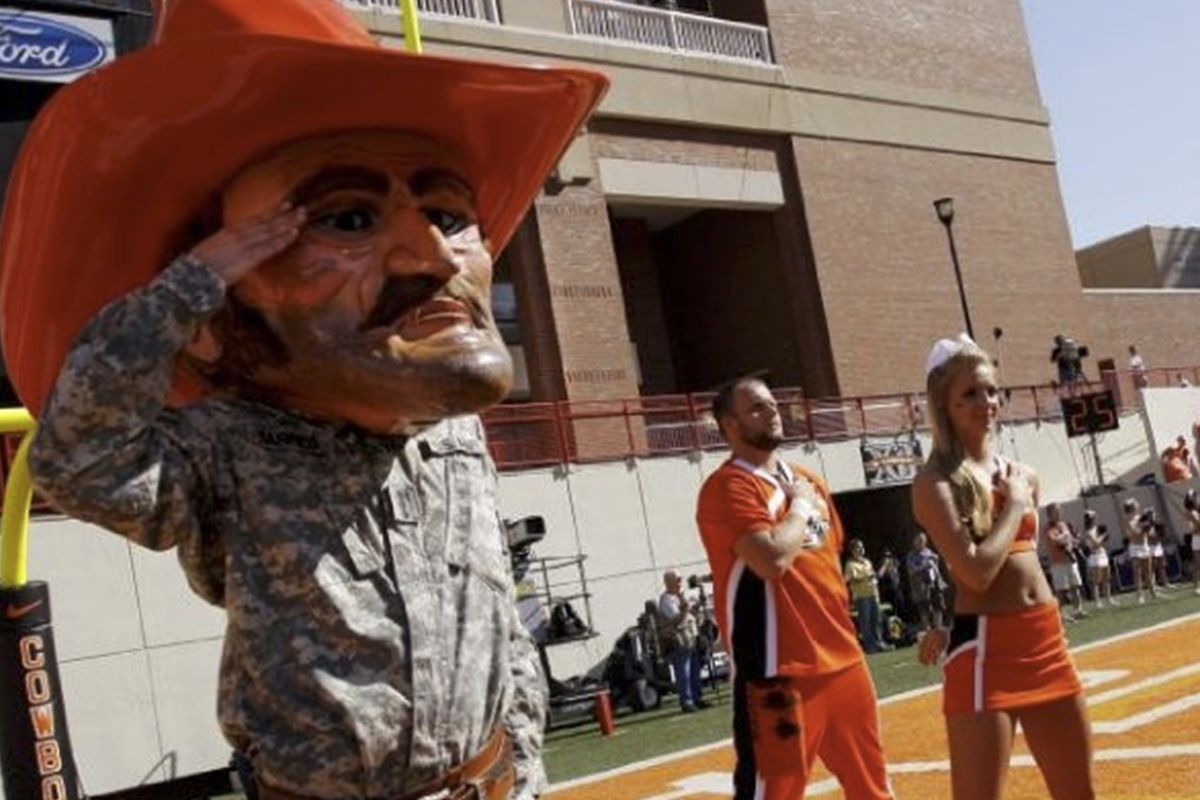 Pistol Pete in military fatigues on the sidelines saluting Pistol Pete in military fatigues on the sidelines saluting