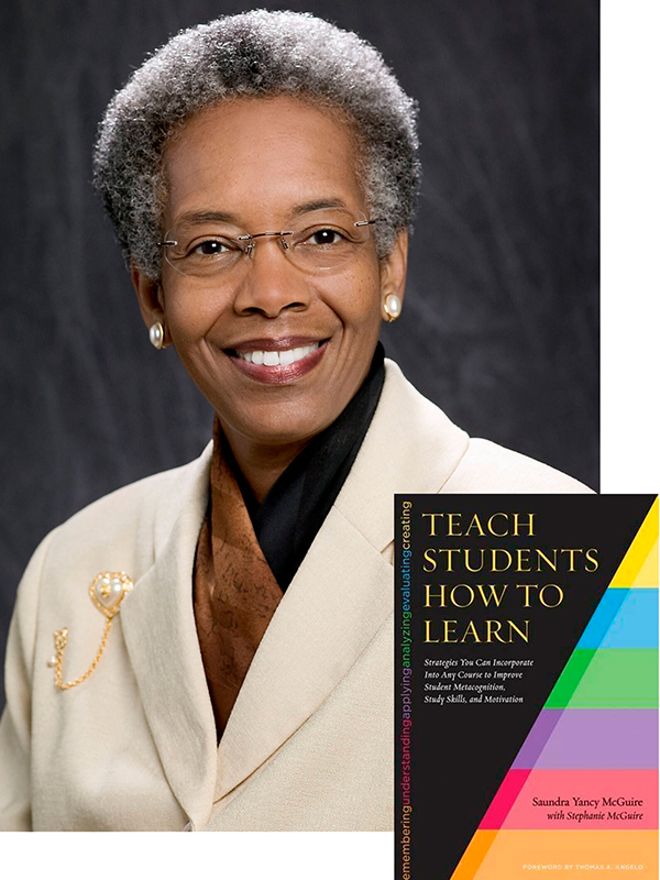 Saundra McGuire headshot with her book jacket in the lower right hand corner