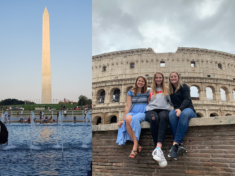 Combined photos of Washington Monument and 3 female students in front of the Roman Collesium