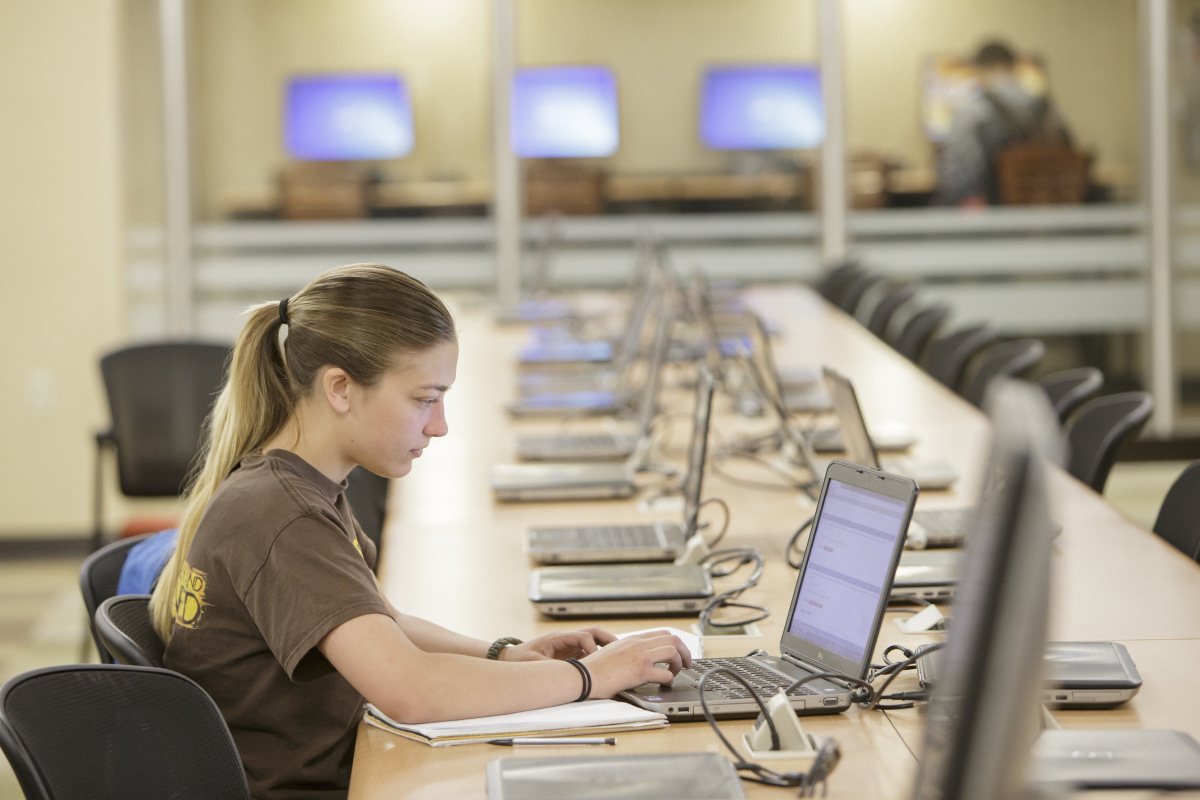 Person using a laptop at a long table in a computer lab with multiple laptops and empty chairs; another person stands near computers in the background Person using a laptop at a long table in a computer lab with multiple laptops and empty chairs; another person stands near computers in the background