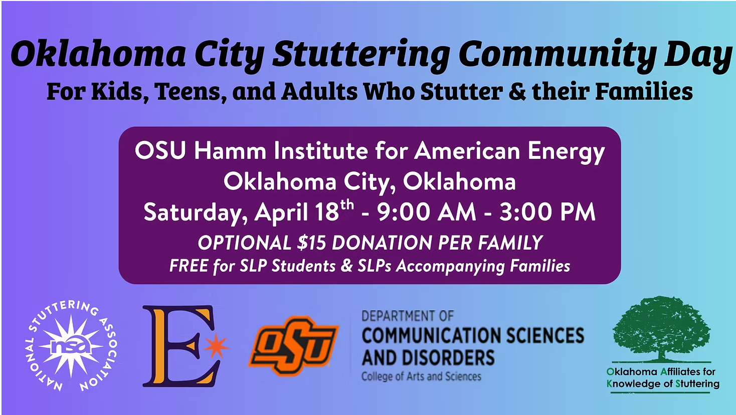 Oklahoma City stuttering community day for kids, teens and Adult who stutter & their families